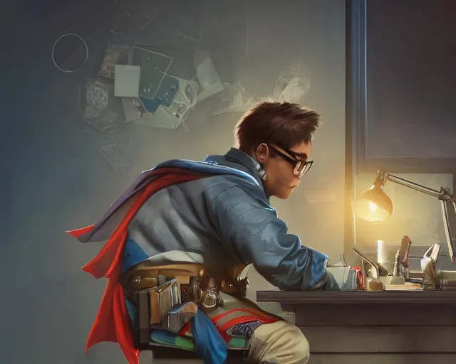 Image similar to an insanely detailed painting of a nerdy asian man wearing a superhero costume, sitting at a desk, staring at the nervously at the computer and typing, in the style of peter mohrbacher, dramatic lighting and composition, octane render, pixar, trending on artstation, concept art, comic book, view from behind