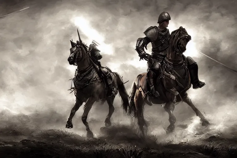 Image similar to realistic, medieval cavalry charging, pikes, hellbards, epic, digital art, illustration, fantasy, realistic sketch, dark, epic, realistic lighting
