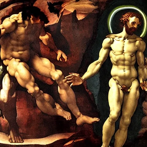 Image similar to Michelangelo's Creation of Adam, Adam reaches out to an alien robot god