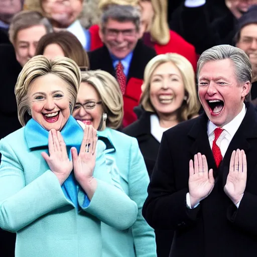 Prompt: Hillary Clinton cackling maniacally as she is sworn in at the presidential inauguration ceremony