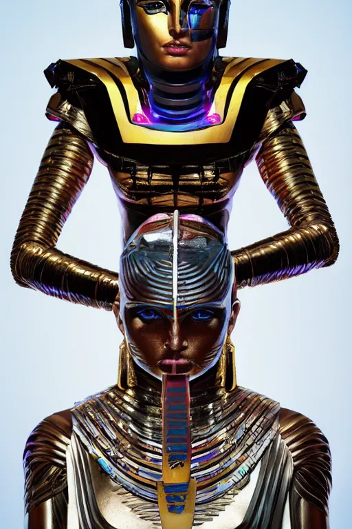 Prompt: full body portrait of the Egyptian Android Pharaoh Queen, by DC comics and Sandra Chevrier and beeple, artstation, volumetric lighting, hyperrealism, futuristic royalty, strong and muscular, award winning costume design, cybernetic bionic ancient cyborg, fashion show runway, futuristic fine textures, woven with electricity, high fashion superpowers, covered in dust, 4k UHD, 35mm