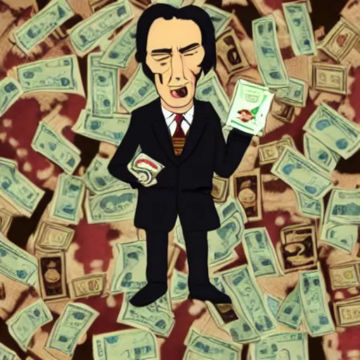 Image similar to multicolo saul goodman holding money by gary baseman in 4 k ultra high resolution, with depressive feeling