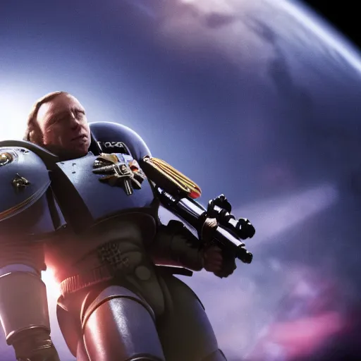 Prompt: cinematic shot of Space Marine Alex Jones, 4k