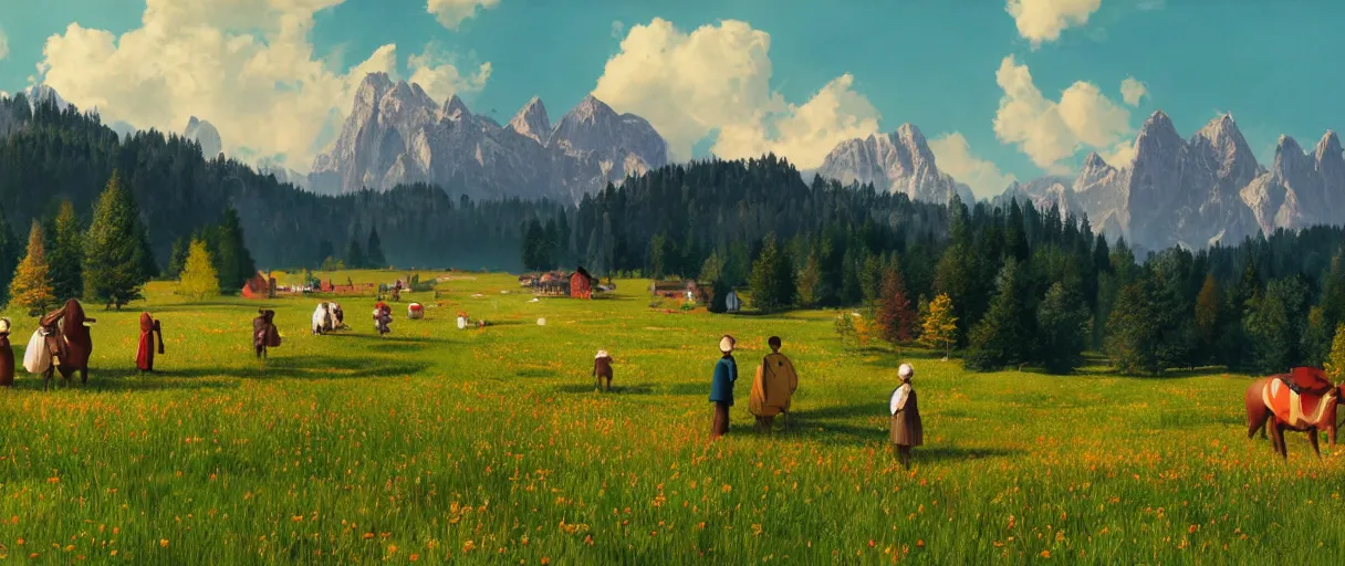 Image similar to a ultra photorealistic and sharp film still of an a sunny and colourful open field in 1 9 0 0 in the middle of the bavarian alps, germany. wide shot, wes anderson, studio ghibli, pixar and disney animation, octane render, anime key art by greg rutkowski, dramatic lighting, award winning photography