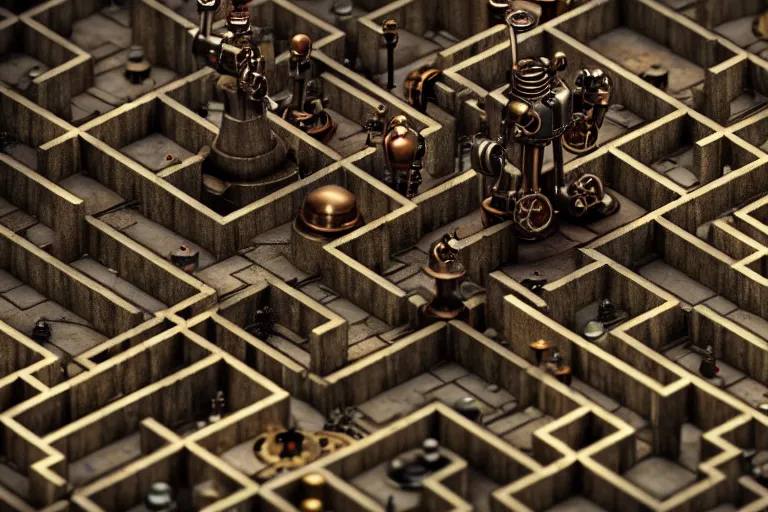 Image similar to a single steampunk robot in a maze by otto dix, tilt shift, ultra realistic, unreal engine, trending on artstation, 4 k