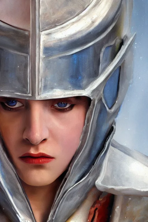 Image similar to hyperrealism oil painting, close - up portrait of albino medieval fashion model, knight, steel gradient mixed with nebula sky, in style of baroque