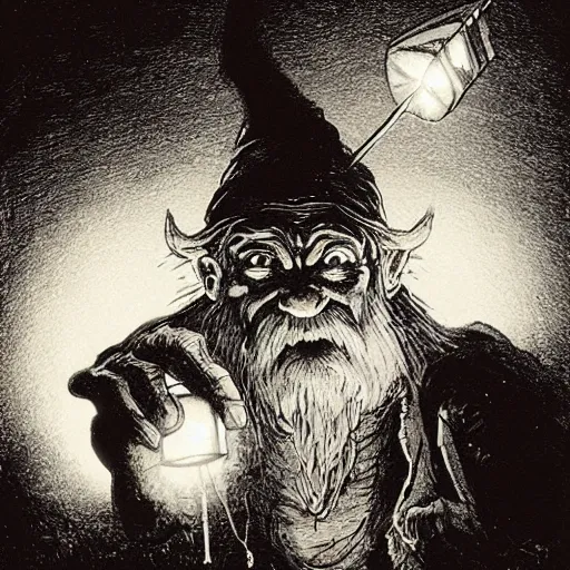 Image similar to an angry, grimy, dirty, grumpy [ old ], miner elf ( with red hat and a glowing latern ) in a pitch black mine, looks into the camera. angry kubrick stare, low key lighting, high contrast, faux painting, fairy tale illustration, character concept art by ivan bilibin, gustave dore and marc simonetti