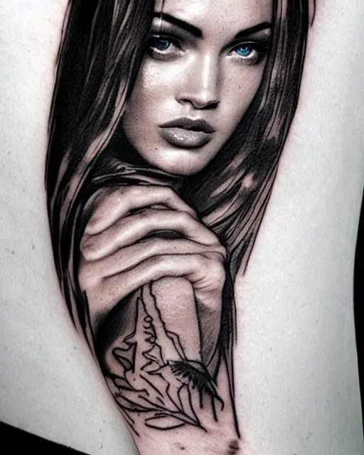 Image similar to double exposure effect tattoo sketch of a megan fox faded with a beautiful mountain scenery, in the style of matteo pasqualin, amazing detail, sharp