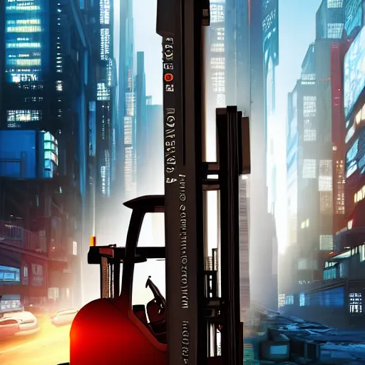 Image similar to Beatiful cyberpunk photograph of a forklift driving down a cyberpunk city