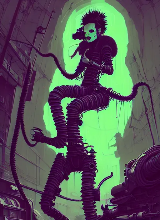 Image similar to highly detailed portrait of an moody wasteland punk long dripping green poison hair tribal lady, stray wiring by atey ghailan, james gilleard, by joe fenton, by greg rutkowski, by greg tocchini, by kaethe butcher, 4 k resolution, gradient purple, brown black and white color scheme!!! ( ( green flaming robotic sewer background ) )