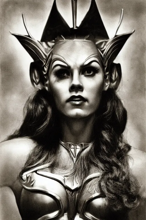 Prompt: she - ra, portrait, full body, symmetrical features, silver iodide, 1 9 4 5 photograph, sepia tone, aged paper, sergio leone, master prime lenses, cinematic