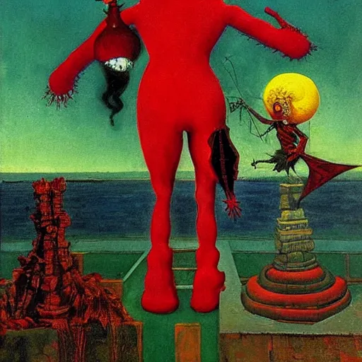 Image similar to spring-heeled jack. painting by max ernst and by victor nizovtsev.