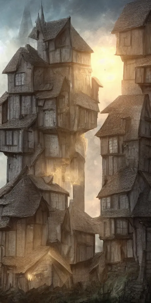 Prompt: multiple medieval houses stacked on each other, creating a thin monolith, sunlight, concept art, very tall, trending on deviantart, movie still, award wining photograph