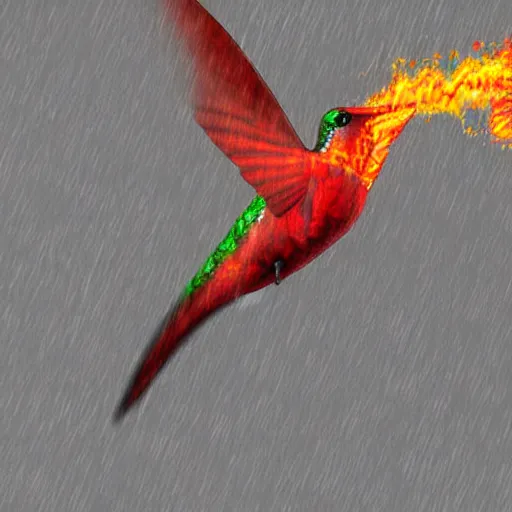 Prompt: a flaming fire hummingbird phoenix crying in the rain digital art cartoonish render raytracing