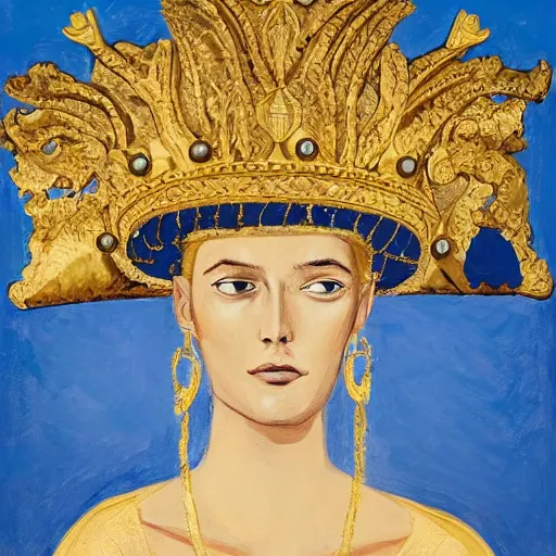 Image similar to the young sovereign of mars in the prime of her reign and the height of her power, looking to the side with fierce but kind eyes, dressed in white and gold robes and a golden laurel crown, inspired by roman emperors, abstract oil painting