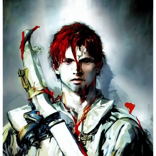 Image similar to portrait of a young white hero using his right arm to hold his sword covering his eye by yoji shinkawa, high quality, extra details, realism, ornate, colored, golden chain, blood, white skin, short hair, brown eyes, vivid, sunlight, dynamic, american man, red headband, white american soldier, painting, cybernetics, military