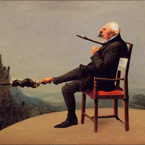 Prompt: old man smoking a pipe sitting in a chair, oil painting by caspar david friedrich, john harris