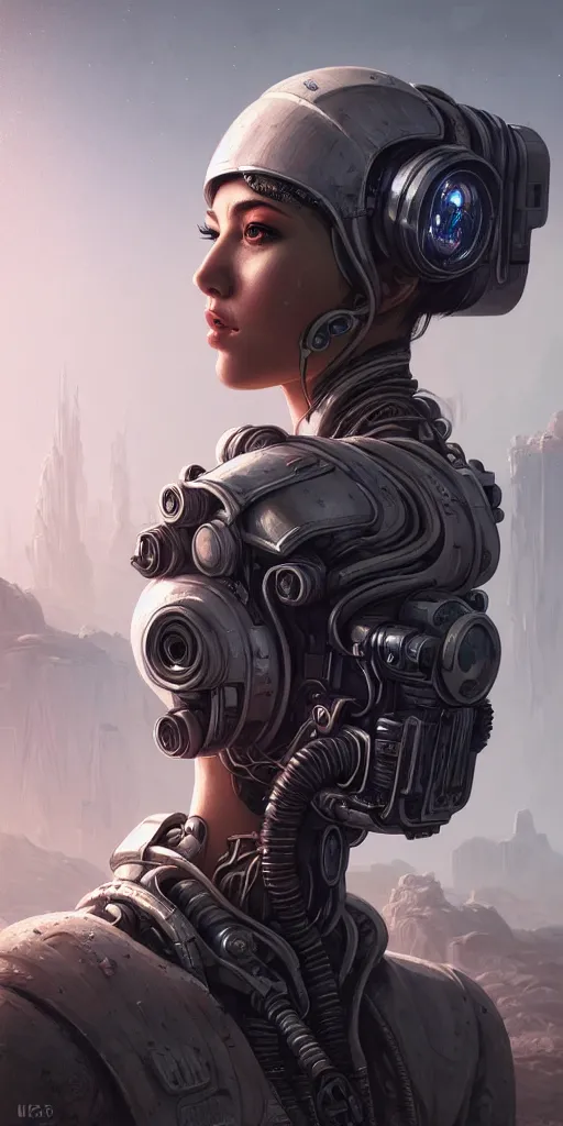 Image similar to ultra realistic style illustration, beautiful alluring nasa cyborg in an apocalyptic wasteland, gorgeous face, cyberpunk, sci - fi, fantasy, intricate, elegant, highly detailed, digital painting, artstation, concept art, smooth, sharp focus, illustration, art by mansik yang and rashed alakroka and simon stalenhag and wlop