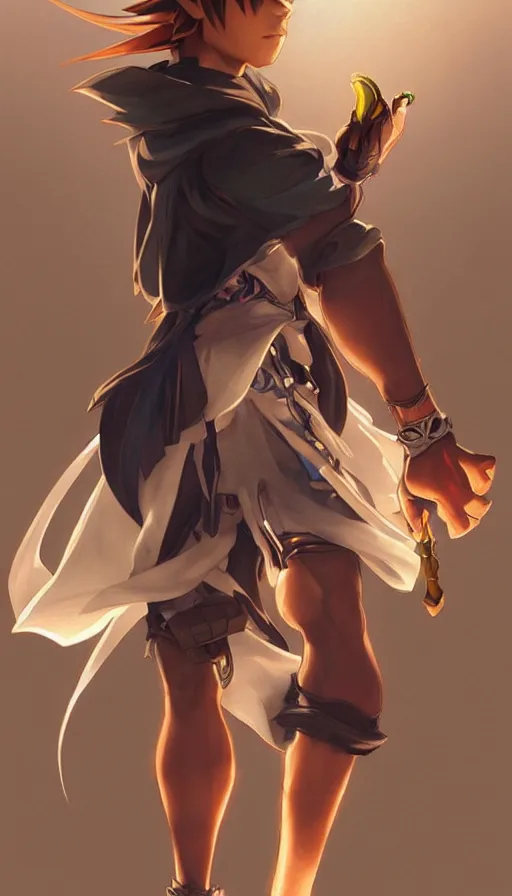 Image similar to sora from kingdom hearts by artgerm, greg rutkowski and alphonse mucha, concept art, matte, intricate, full body, epic composition