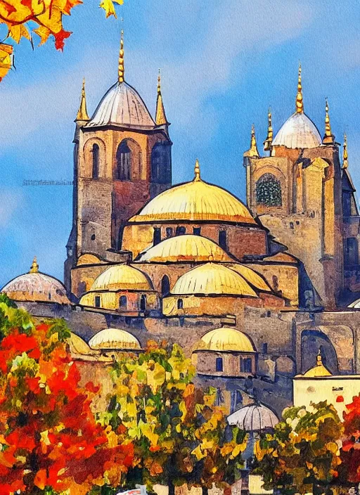 Prompt: painting of beautiful shot of Royal medieval Middle Eastern city like Prague mixed with Istanbul like Islamic architecture with greenery all around , autumn colors