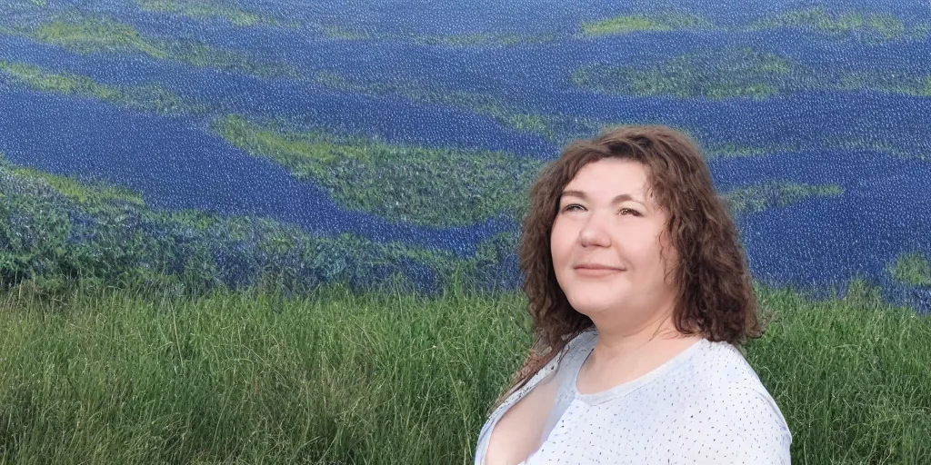 Image similar to large and flowing and panoramic. details are filled in with dots. a woman stands happily in a blue field. in the distance a mountainous forest can be seen. a gray sky with dark blue swirls seems to surround the field.