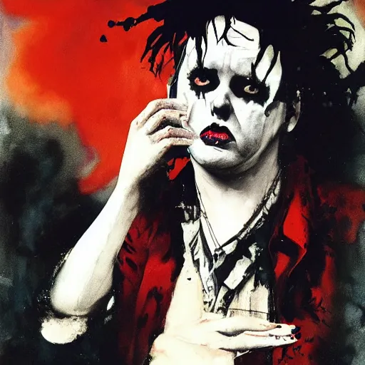 Image similar to robert smith as dream from sandman, by jeremy mann, by mike mignola, by dave mckean and richard avedon and maciej kuciara, 1 9 8 0's, punk rock, gothic, high detailed, 8 k