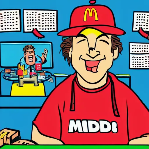 Image similar to Tim Dillon working at McDonalds because he lost all of his money leverage trading bitcoin, mike judge art style, 90s mtv illustration