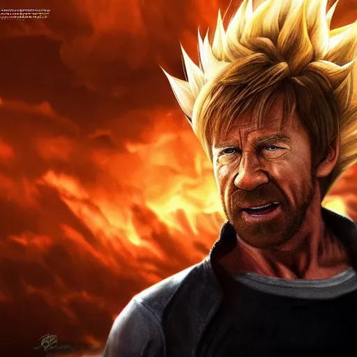 Prompt: chuck norris going super saiyan, dramatic lighting, cinematic, establishing shot, extremly high detail, photorealistic, cinematic lighting, storm, post processed, concept art, artstation, matte painting, style by greg rutkowsky