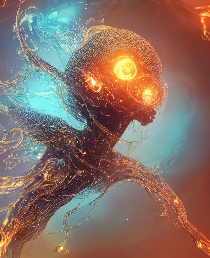 Image similar to close-up macro portrait of the face of a beautiful princess, epic angle and pose, symmetrical artwork, 3d with depth of field, blurred background, cybernetic jellyfish female face skull phoenix bird, translucent, nautilus, energy flows of water and fire. a highly detailed epic cinematic concept art CG render. made in Maya, Blender and Photoshop, octane render, excellent composition, cinematic dystopian brutalist atmosphere, dynamic dramatic cinematic lighting, aesthetic, very inspirational, arthouse. y Greg Rutkowski, Ilya Kuvshinov, WLOP, Stanley Artgerm Lau, Ruan Jia and Fenghua Zhong