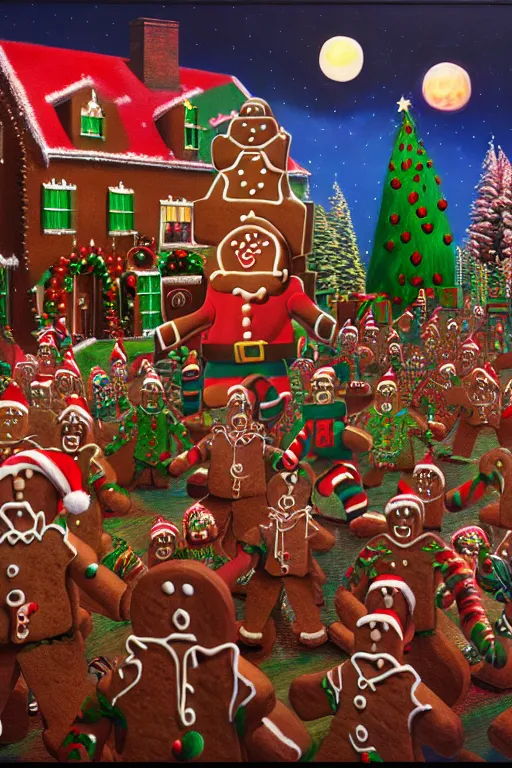 Image similar to a hyperrealistic painting of a 3 d christmas nightmare with giant mechanical evil gingerbread man, march of the wooden soldiers, santa's workshop, cinematic horror by chris cunningham, lisa frank, richard corben, highly detailed, vivid color,