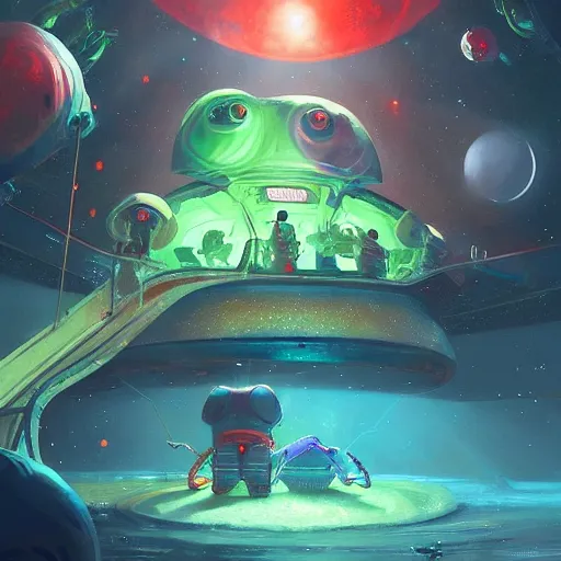 Image similar to Astronauts are having a party with green aliens and some dinosaurs on a blue comet and a red dwarf is as background, by Jordan Grimmer digital art, trending on Artstation,