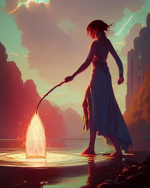 Image similar to highly detailed vfx portrait of a mage casting a water spell, unreal engine, greg rutkowski, loish, rhads, beeple, makoto shinkai and lois van baarle, ilya kuvshinov, rossdraws, tom bagshaw, alphonse mucha, global illumination, detailed and intricate environment