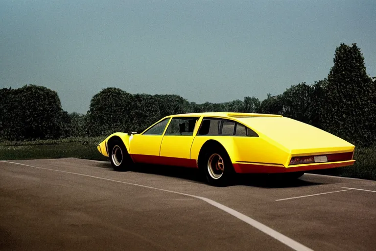 Prompt: poster of a single concept car 1 9 7 9 station wagon shooting brake de tomaso pantera, neon, ektachrome photograph, volumetric lighting, f 8 aperture, cinematic eastman 5 3 8 4 film