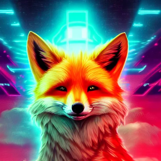 Prompt: digital ultimate fox, retrowave palette, digital world, highly detailed, electric breeze, anatomically correct vulpine, synth feel, fluffy face, ear floof, flowing fur, super realism, accurate animal imagery, 4 k digital art
