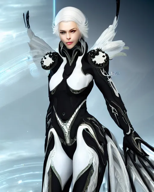 Prompt: tall, attractive white haired puma wearing white dove wings, warframe armor, regal, attractive, ornate, sultry, sexy, beautiful, elize theron, pretty face, green eyes, scifi platform, 4 k, ultra realistic, epic lighting, illuminated, cinematic, black gold, art by akihito tsukushi, voidstar