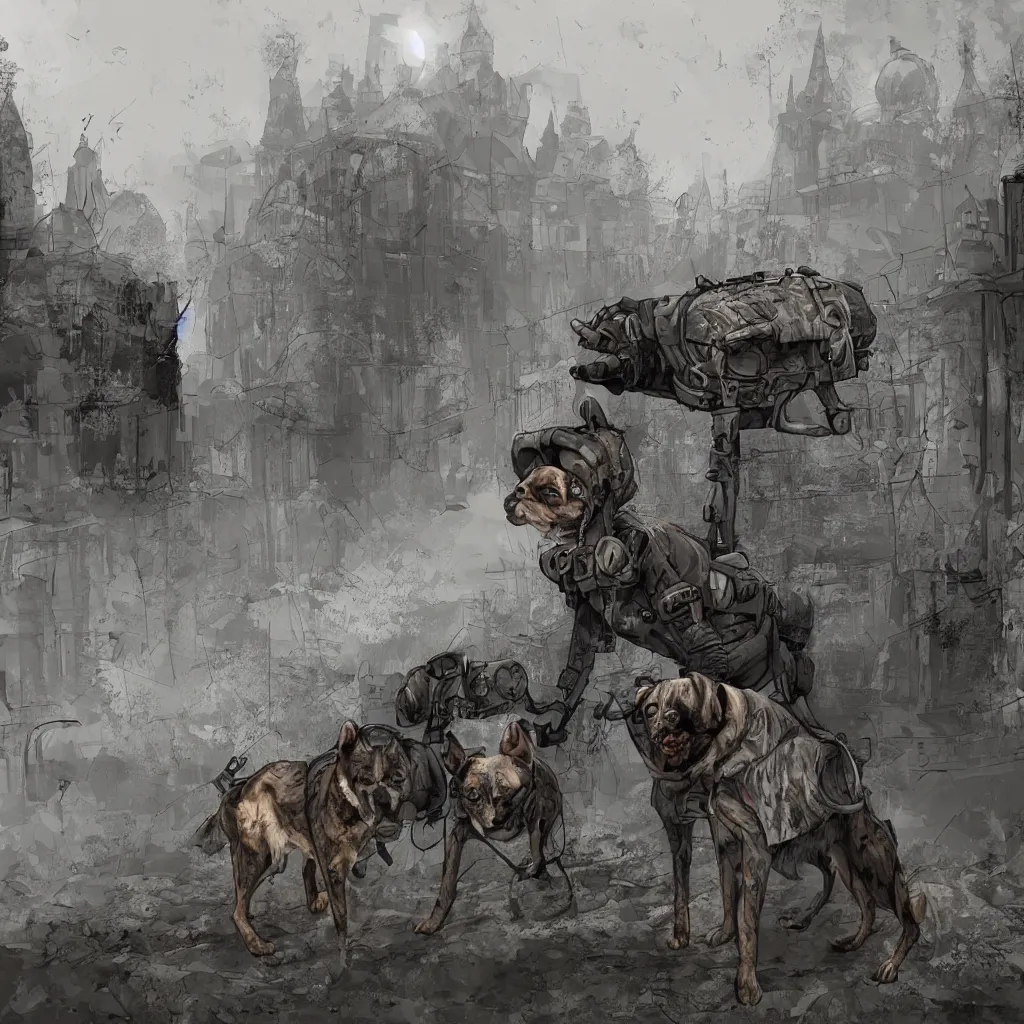 Prompt: post apocalyptic dog in moscow, digital art