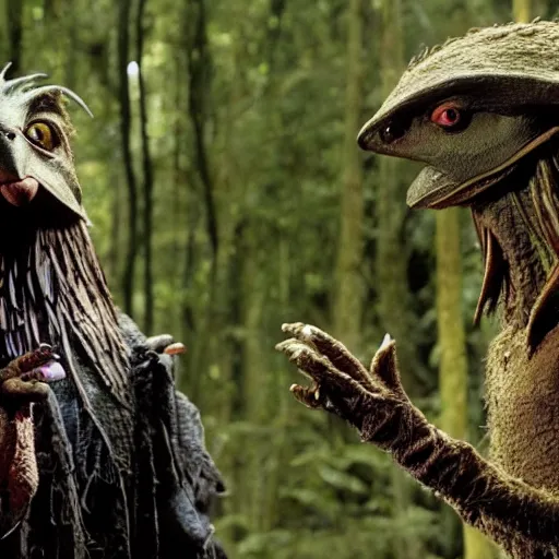 Prompt: two skeksis from the movie the dark crystal are discussing a plan in a forest