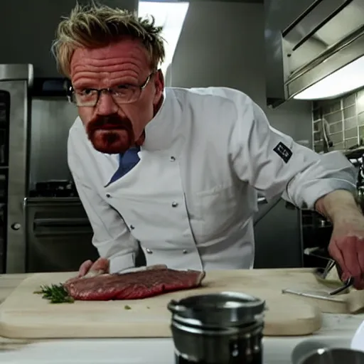 Image similar to walter white, played by gordon ramsay, cooking a steak