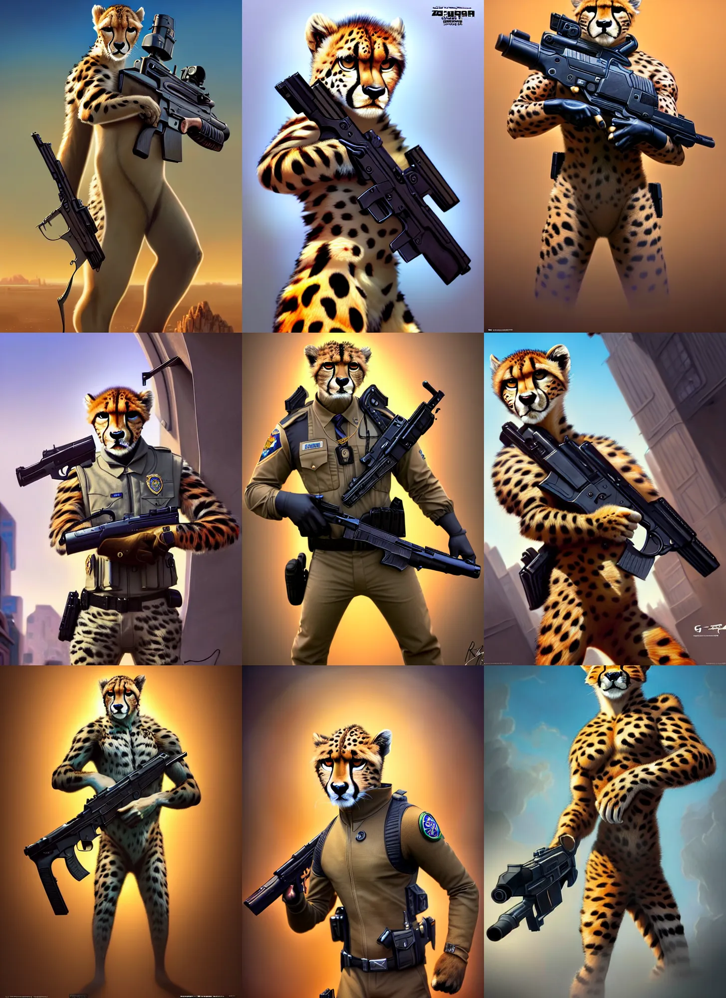 Prompt: digital painting of cheetah with high detail, in policeman suit with massive gun in the hand, zootopia stile, furry, realistic, warrior, concept art, artstation trending, cgsociety, octane render, unreal engine 5, stunning detail, works by artgerm, greg rutkowski and alphonse mucha, 8 k uhd