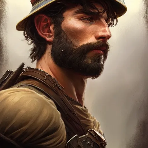 Prompt: portrait of a rugged male ranger looking back, masculine, D&D, muscular, fantasy, intricate, elegant, highly detailed, digital painting, artstation, concept art, smooth, sharp focus, illustration, art by artgerm and greg rutkowski and alphonse mucha