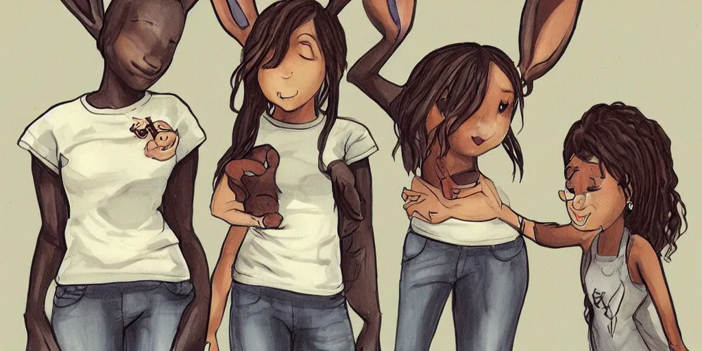 Image similar to women, dark skin, ginger, cartoon, sweatshirt, concept art, concept art, bunny ears,