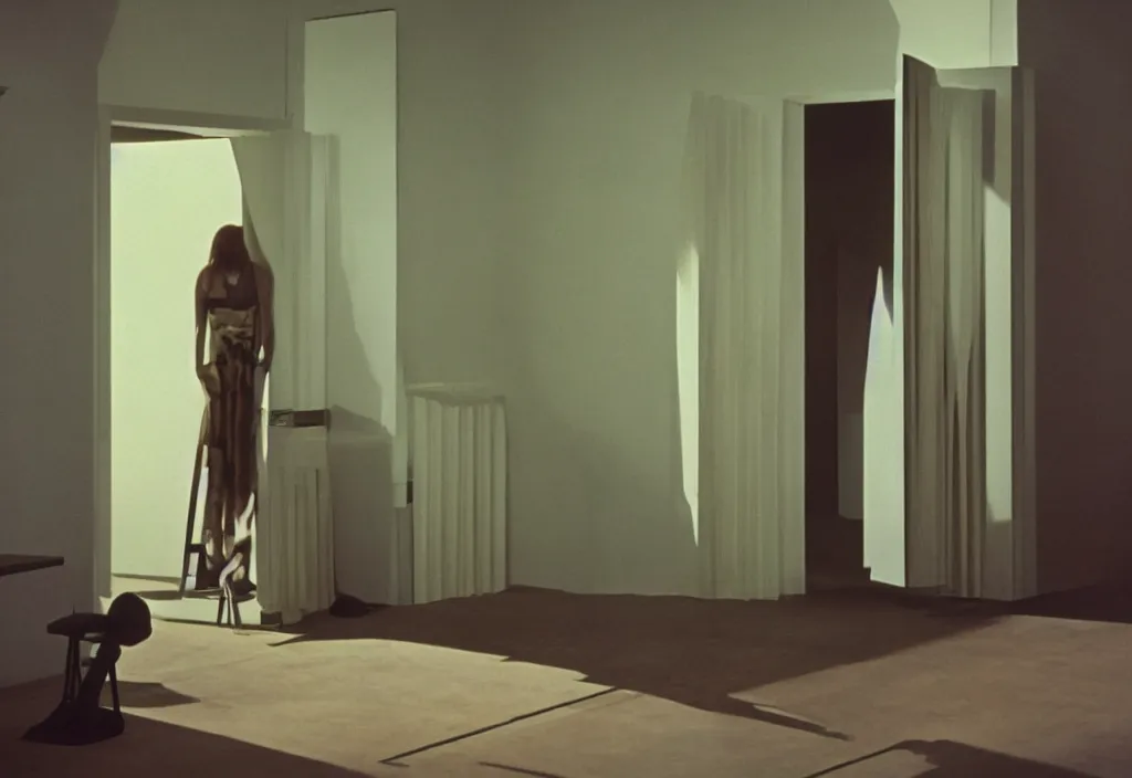 Prompt: still from a surreal 7 0 s film about parallel realities by edward hopper, chirico and tim walker : : empty surreal space, masterful lighting design, doorways and mirrors : : complex surrealist objects, combines and props : : cinestill 8 0 0 tungsten 3 5 mm, high quality, triadic color scheme, distorted lens, 8 k