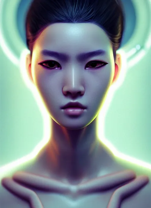 Image similar to photorealistic portrait of oriental female humanoid with freckle cheeks, cyber neon lightings, intricate, cyberpunk high fashion, elegant, crispy quality, digital photography, trending in artstation, trending in pinterest, glamor pose, no signature, no watermark, cinematic, octane render, art by artgerm, art by greg rutkowski, art by pascal blanche