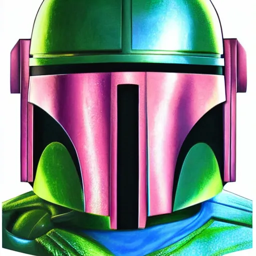 Prompt: boba fett close up by alex grey, flooko, glow, digital art, vibrant,