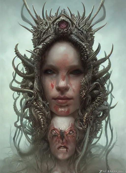 Prompt: a hyper detailed face portrait of the queen of blades, wounded face, diablo 4 lilith, sideshow figurines, cthulu, by tom bagshaw, artgerm, dorian cleavenger, greg rutkowski, wlop, astri lohne, zdzisław beksinski trending on artstation