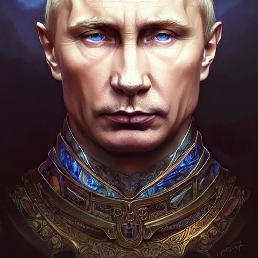 Prompt: Portrait of Putin, D&D, blue eyes, face, fantasy, intricate, elegant, highly detailed, digital painting, artstation, concept art, smooth, sharp focus, illustration, art by artgerm and greg rutkowski and alphonse mucha