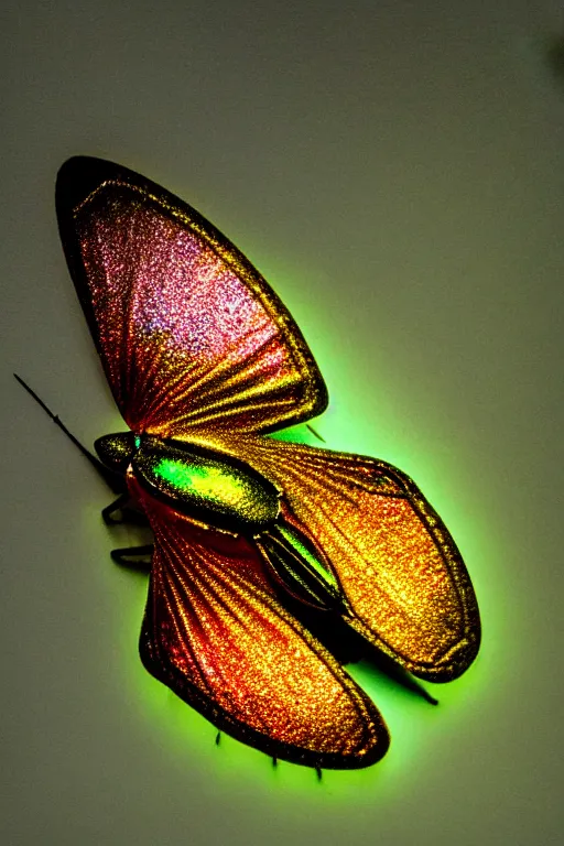 Prompt: high quality close-up photo gothic iridescent moth! jewelled gorgeous! highly detailed david ligare elson peter cinematic yellow neon lighting high quality low angle hd 8k sharp shallow depth of field