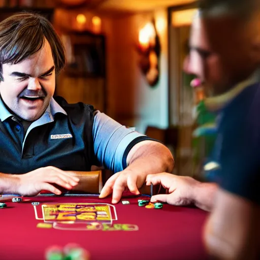 Image similar to Jack Black playing blackjack while drinking blackcurrant and wearing black polo shirt, realistic, ultra high detail, 8k.