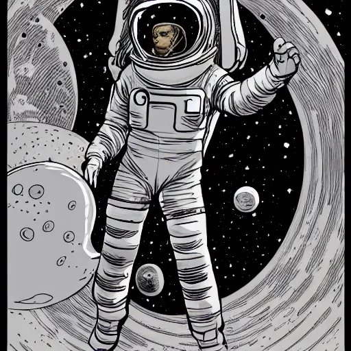 Prompt: illustration of butch tomboy stoic emotionless square - jawed heroic blonde woman astronaut, space helmet, on spacewalk, nebula in background, stellar anomaly, pen and ink, ron cobb, mike mignogna, comic book, black and white, science fiction, punk, grunge, used future, illustration, comic book cover, - ar 1 6 : 9