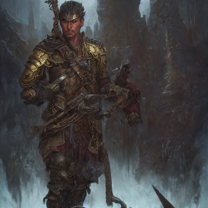 Prompt: a fantasy full - portrait painting of a male warrior in a atmospheric dark fortress, unreal 5, daz, hyperreal art by donato giancola and bayard wu and gustav moreau and wayne barlowe